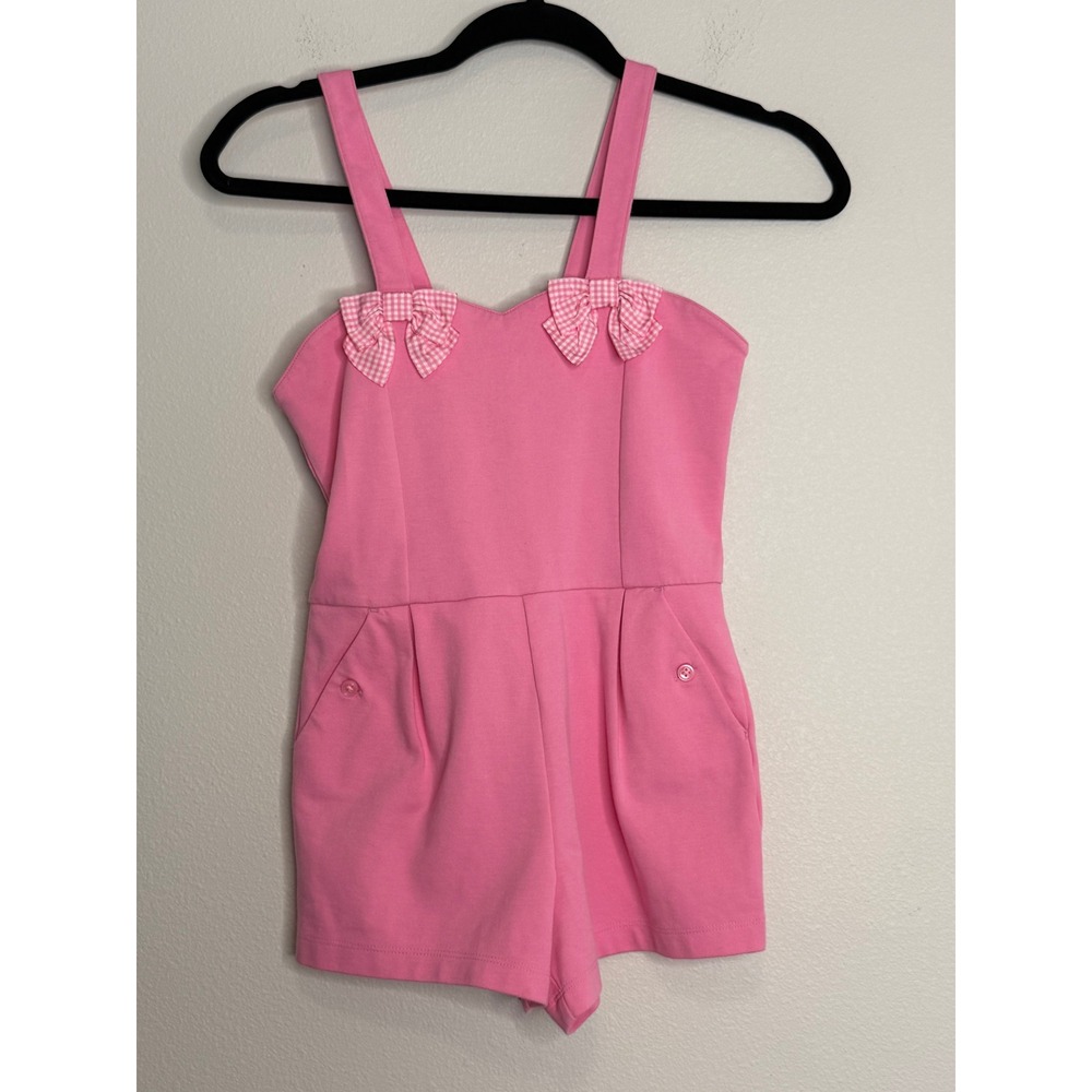 Janie and Jack Girls Pink Gingham Bow Romper Size 7 Sweetheart Neckline Pockets